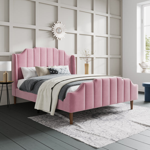 Modern Curved Wood Bed Frame with Upholstered Wingback Headboard