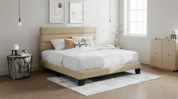 Upholstered Platform Bed Frame with Headboard and Wooden Slats