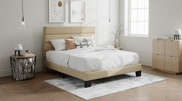 Upholstered Platform Bed Frame with Headboard and Wooden Slats