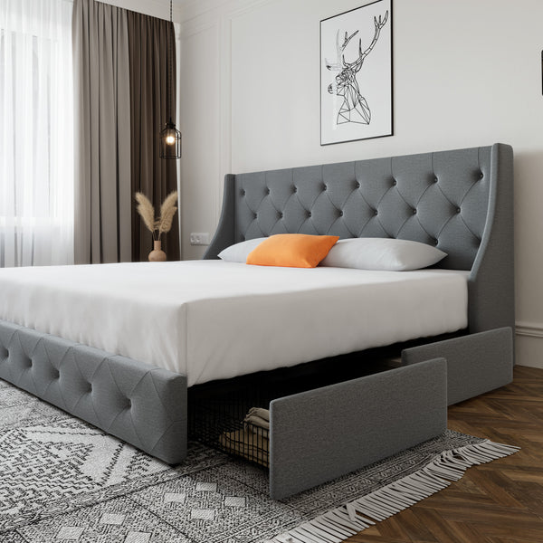 Upholstered Storage Bed with 4 Drawers and Wingback Headboard, Diamond Stitched Button Tufted