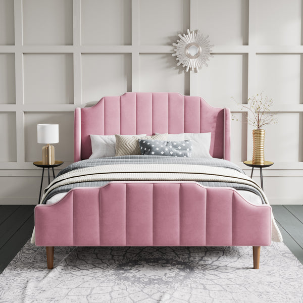 Modern Curved Wood Bed Frame with Upholstered Wingback Headboard