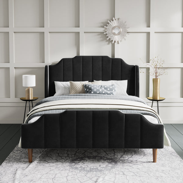 Modern Curved Wood Bed Frame with Upholstered Wingback Headboard