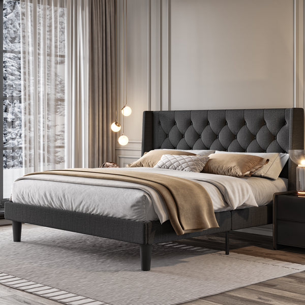 Platform Bed Frame with Upholstered Headboard and Wingback, Button Tufted Design