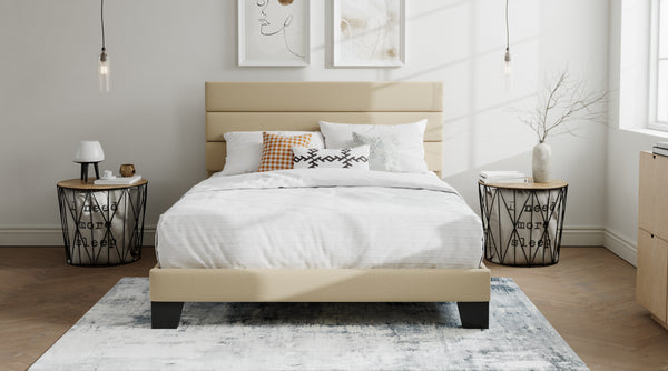 Upholstered Platform Bed Frame with Headboard and Wooden Slats