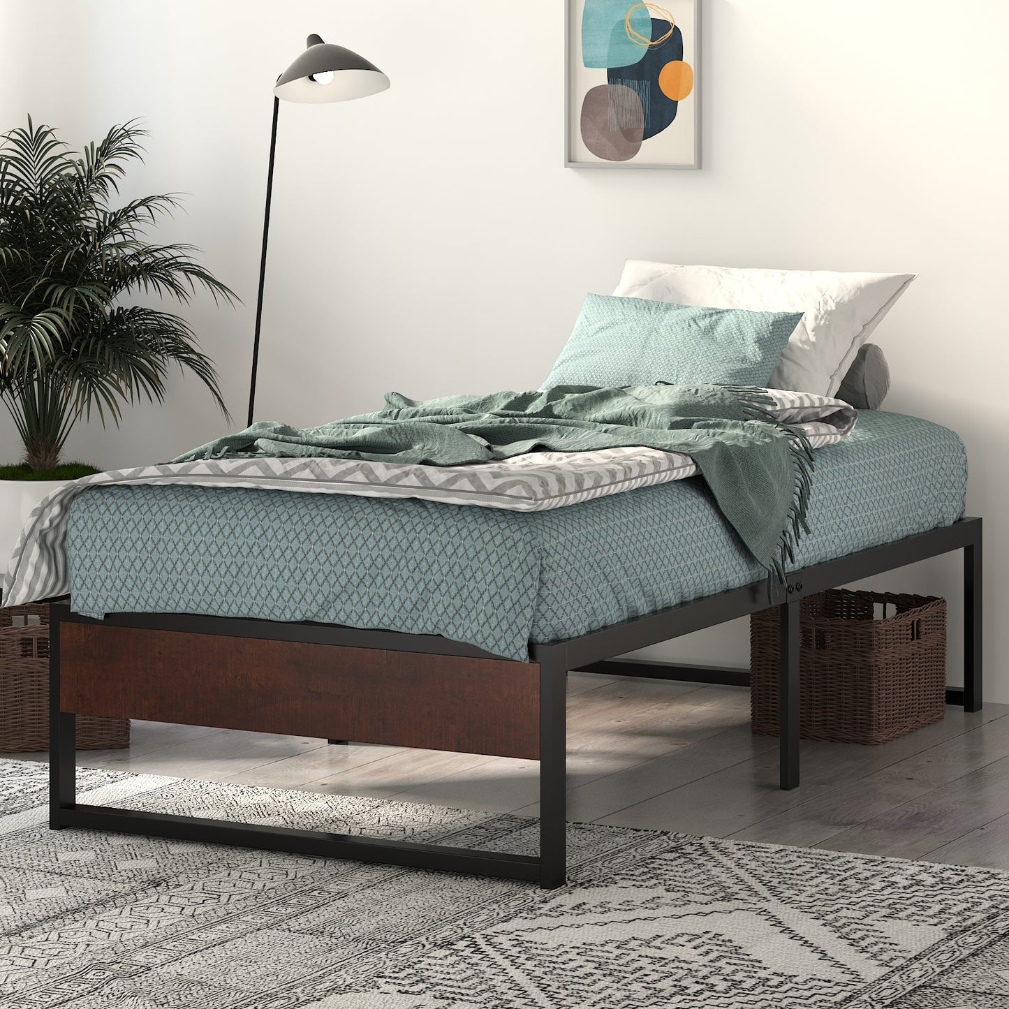 Metal Bed Frame with Storage, Mattress Foundation with Rustic Wood