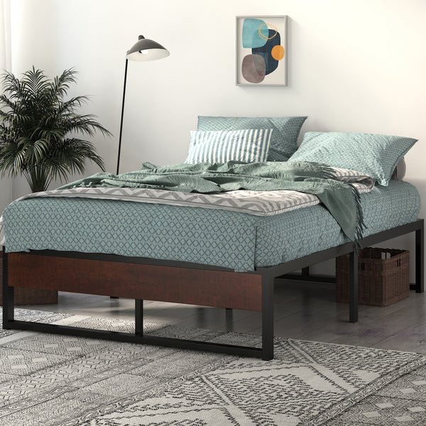 Metal Bed Frame with Storage, Mattress Foundation with Rustic Wood