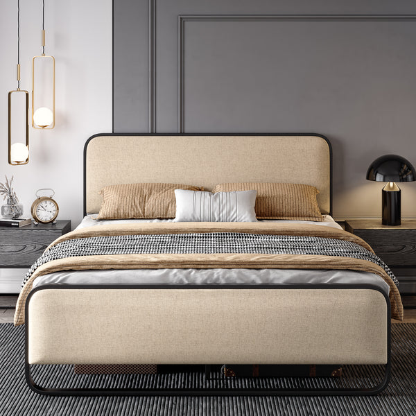 Metal Bed Frame with Curved Upholstered Headboard and Footboard