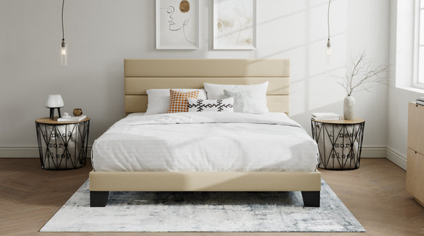 Upholstered Platform Bed Frame with Headboard and Wooden Slats