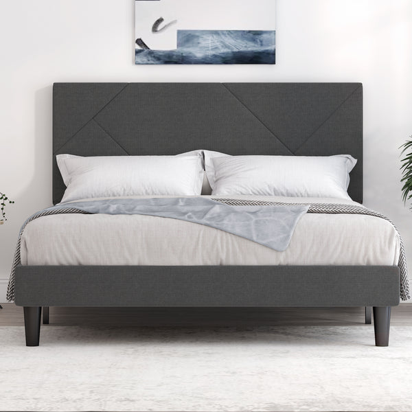 Metal Bed Frame with Geometric Litchi Grain Leather Headboard