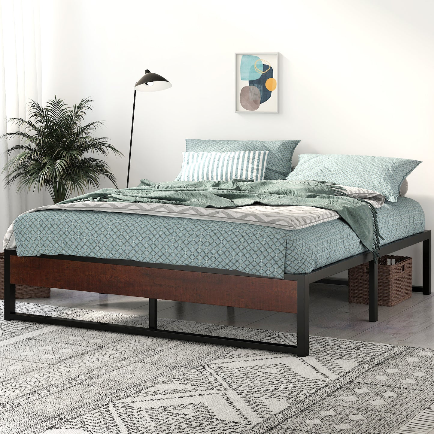 Metal Bed Frame with Storage, Mattress Foundation with Rustic Wood