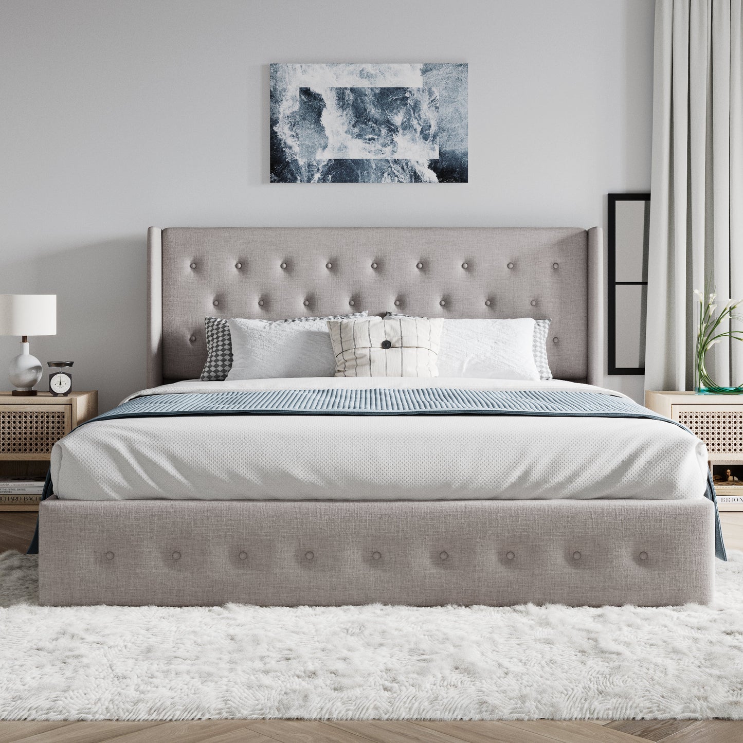 Upholstered Stoage Bed Frame with Lift Up Storage, Wingback Headboard Design