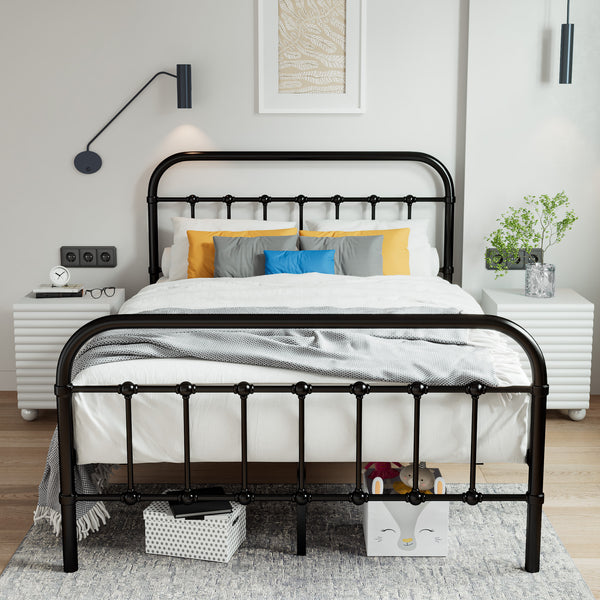 Metal Platform Bed Frame with Headboard and Footboard, Vintage Style Mattress Foundation