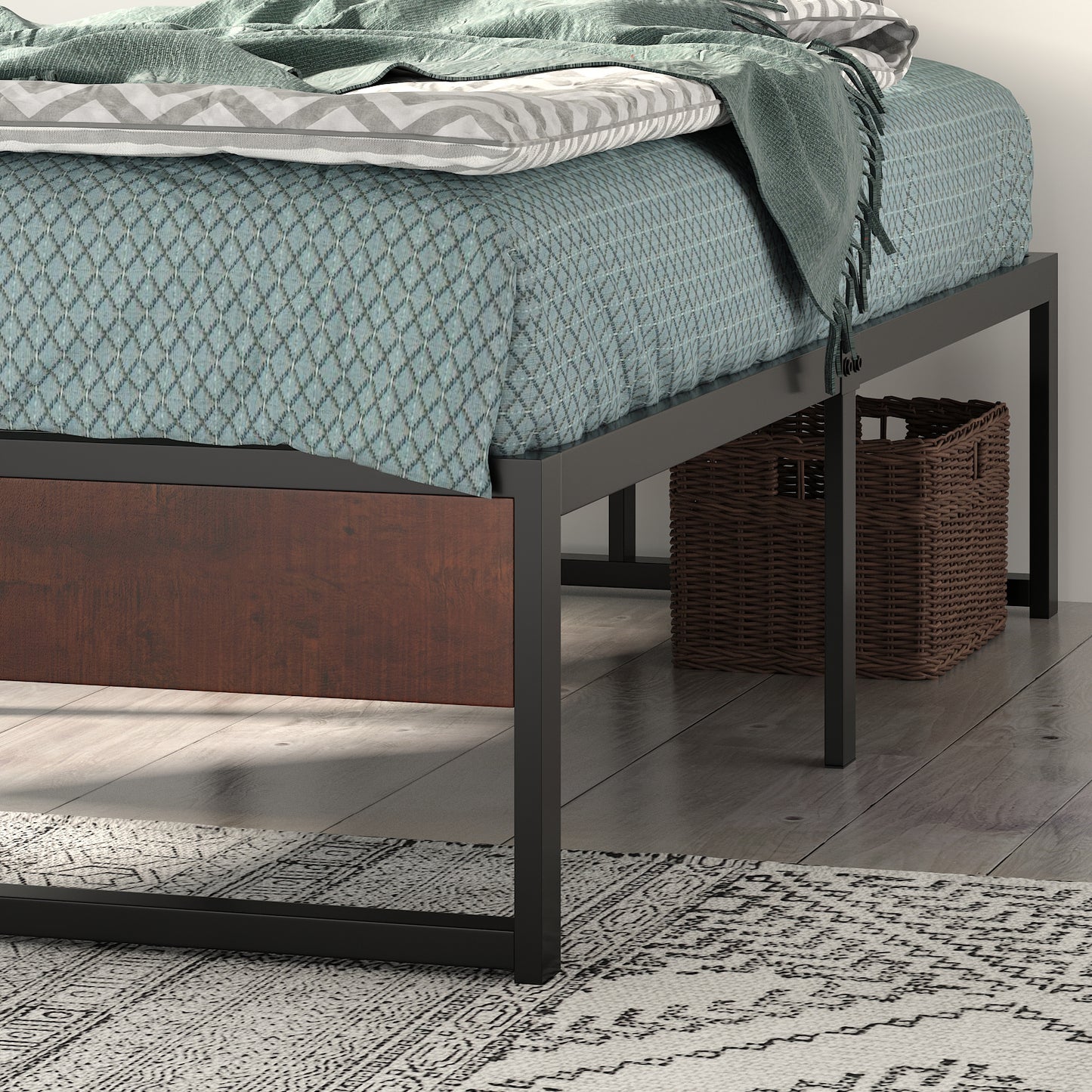 Metal Bed Frame with Storage, Mattress Foundation with Rustic Wood