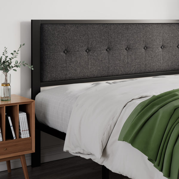 Platform Bed Frame with Upholstered Button Tufted Square Stitch Headboard