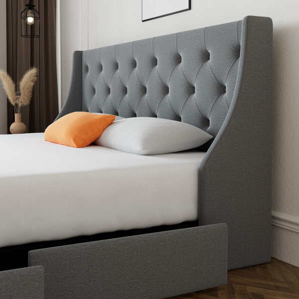 Upholstered Storage Bed with 4 Drawers and Wingback Headboard, Diamond Stitched Button Tufted