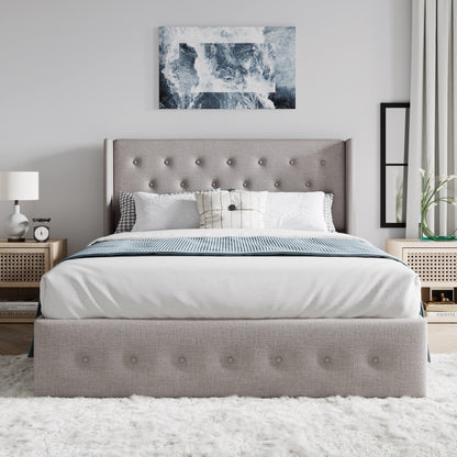 Upholstered Stoage Bed Frame with Lift Up Storage, Wingback Headboard Design