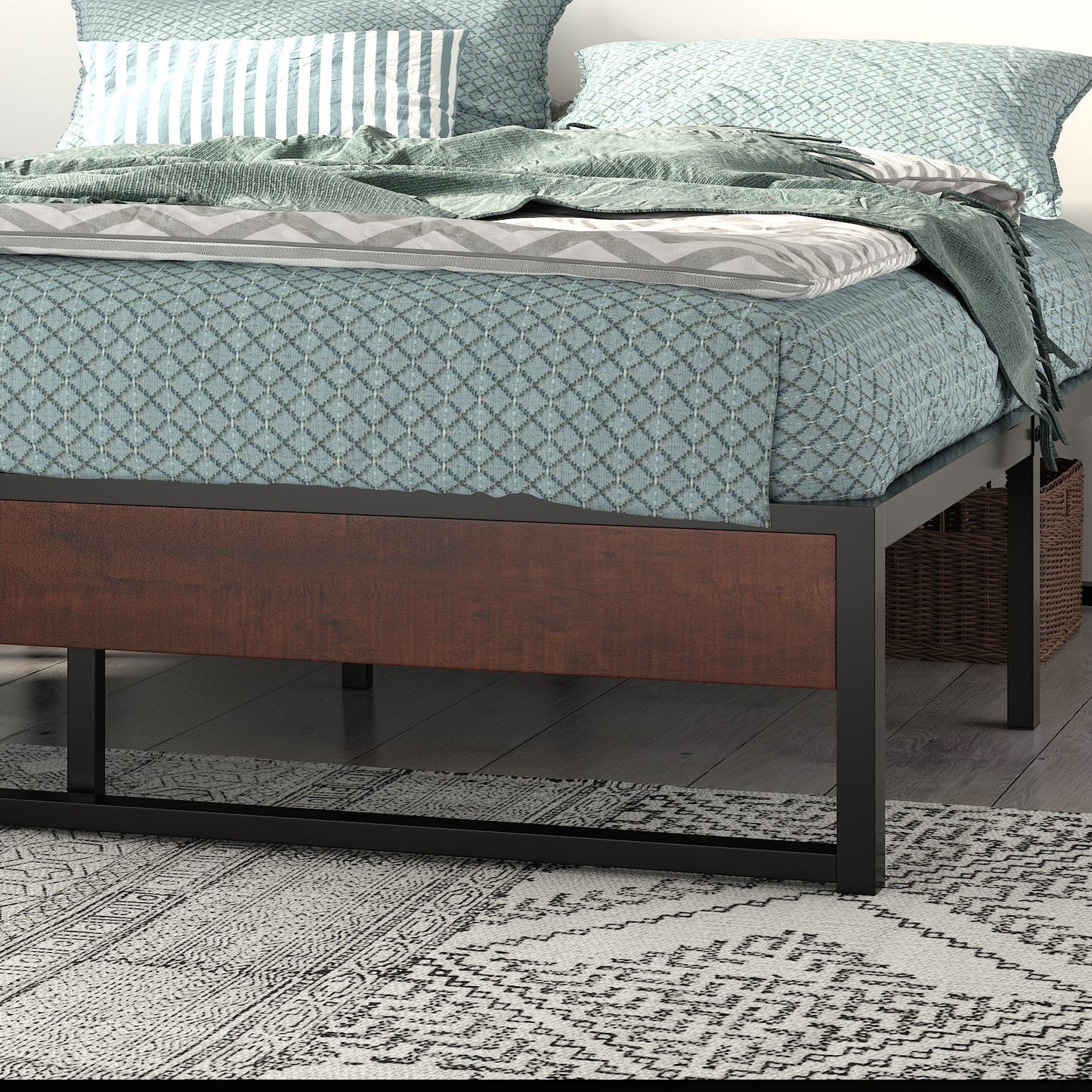 Metal Bed Frame with Storage, Mattress Foundation with Rustic Wood