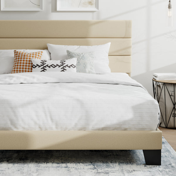 Upholstered Platform Bed Frame with Headboard and Wooden Slats