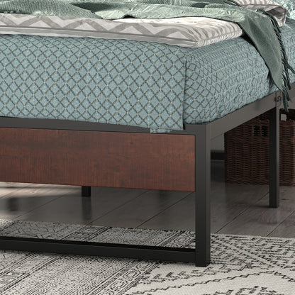 Metal Bed Frame with Storage, Mattress Foundation with Rustic Wood