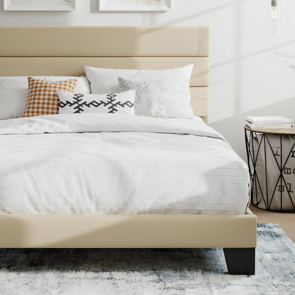 Upholstered Platform Bed Frame with Headboard and Wooden Slats