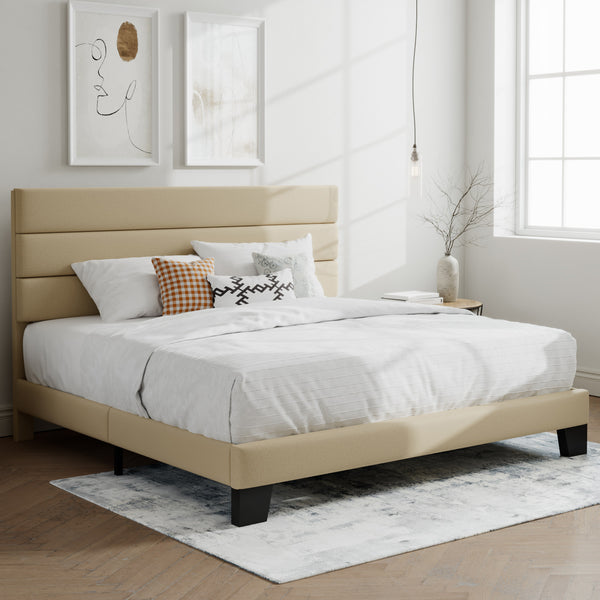 Upholstered Platform Bed Frame with Headboard and Wooden Slats