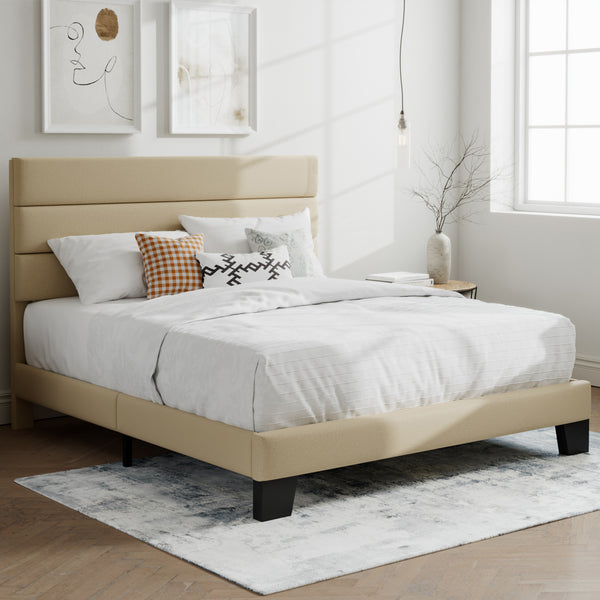 Upholstered Platform Bed Frame with Headboard and Wooden Slats