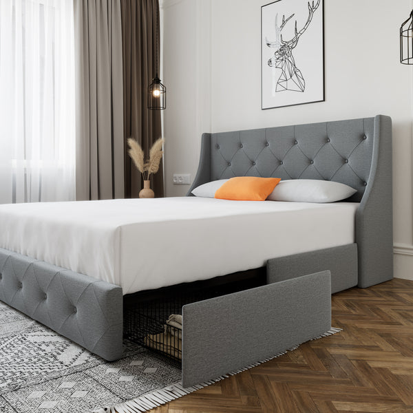 Upholstered Storage Bed with 4 Drawers and Wingback Headboard, Diamond Stitched Button Tufted