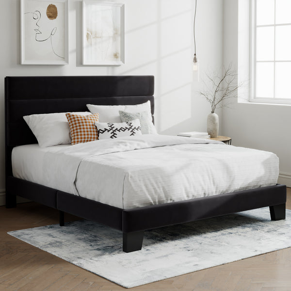 Upholstered Platform Bed Frame with Headboard and Wooden Slats