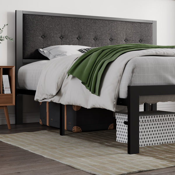 Platform Bed Frame with Upholstered Button Tufted Square Stitch Headboard