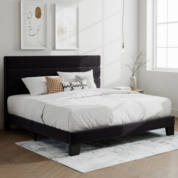 Upholstered Platform Bed Frame with Headboard and Wooden Slats