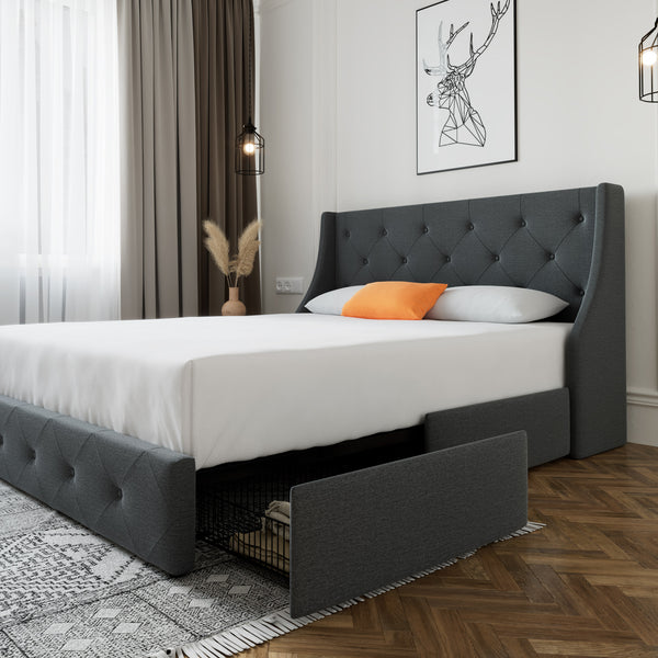 Upholstered Storage Bed with 4 Drawers and Wingback Headboard, Diamond Stitched Button Tufted