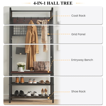 Coat Rack Shoe Bench, 4-in-1 Hall Tree Storage Bench for Entryway, Wood  Look Accent Large Shoe Rack Bench with Storage Shelf Hanging Bar,8 Hooks  Rustic Brown 