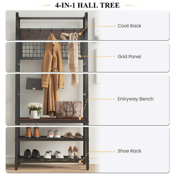 Entryway Hall Tree with Shoe Bench, 4-in-1 Large Coat Rack with Grid Panel and Movable Hooks