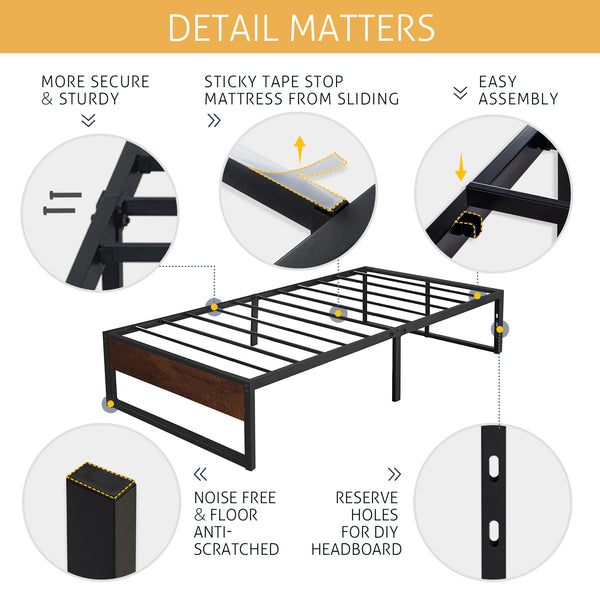 Metal Bed Frame with Storage, Mattress Foundation with Rustic Wood