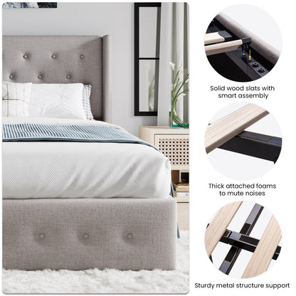 Upholstered Stoage Bed Frame with Lift Up Storage, Wingback Headboard Design