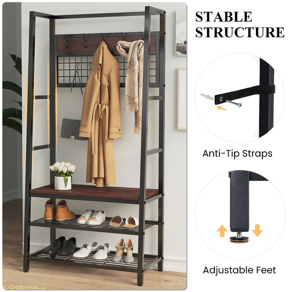 Entryway Hall Tree with Shoe Bench, 4-in-1 Large Coat Rack with Grid Panel and Movable Hooks