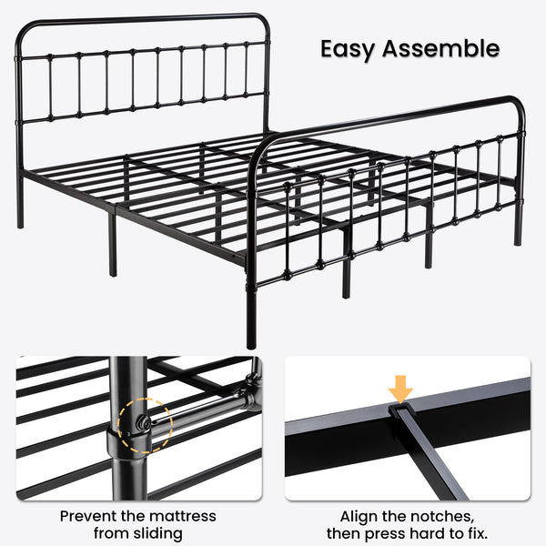 Metal Platform Bed Frame with Headboard and Footboard, Vintage Style Mattress Foundation