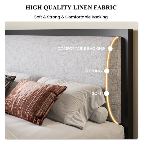 Metal Bed Frame with Minimalist Upholstered Headboard