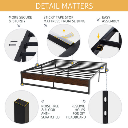 Metal Bed Frame with Storage, Mattress Foundation with Rustic Wood