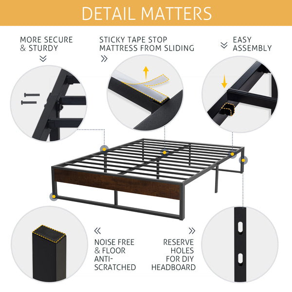 Metal Bed Frame with Storage, Mattress Foundation with Rustic Wood