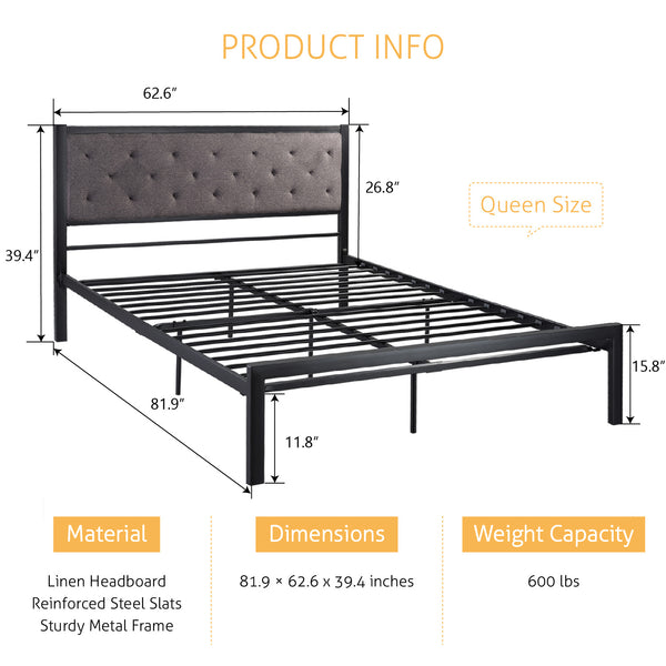 Metal Bed with Headboard, Strong Steel Slats Support