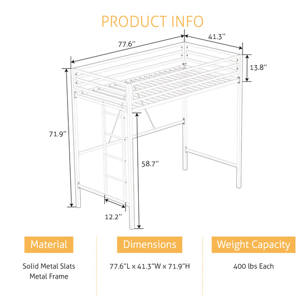 Metal Twin Loft Bed with Stairs & Safety Guardrail