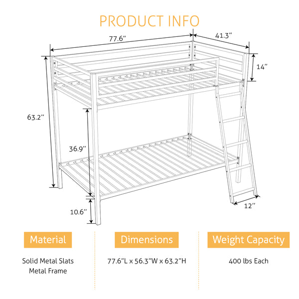 Metal Bunk Beds with Stairs, Twin over Twin Bunk Beds for Kids, Teens, and Adults