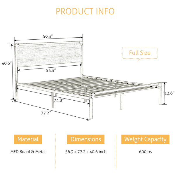 Metal Platform Bed Frame with Wood Headboard, Space Saving, No Box Spring Needed, Noise Free