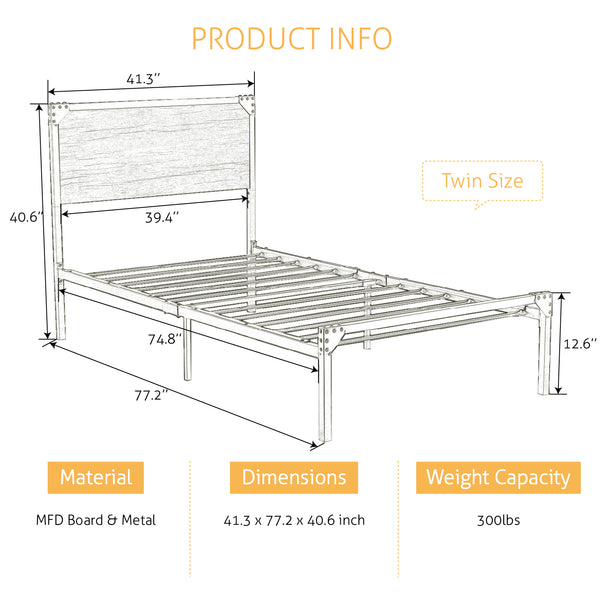 Metal Platform Bed Frame with Wood Headboard, Space Saving, No Box Spring Needed, Noise Free