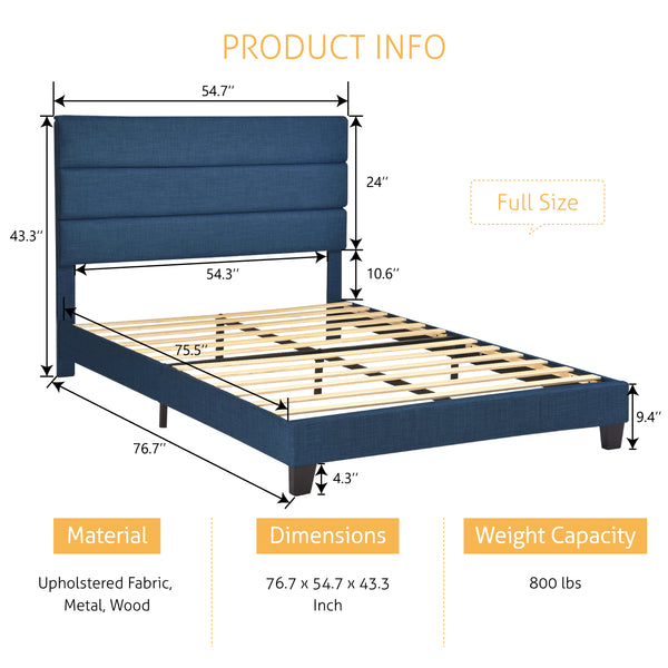 Upholstered Platform Bed Frame with Headboard and Wooden Slats