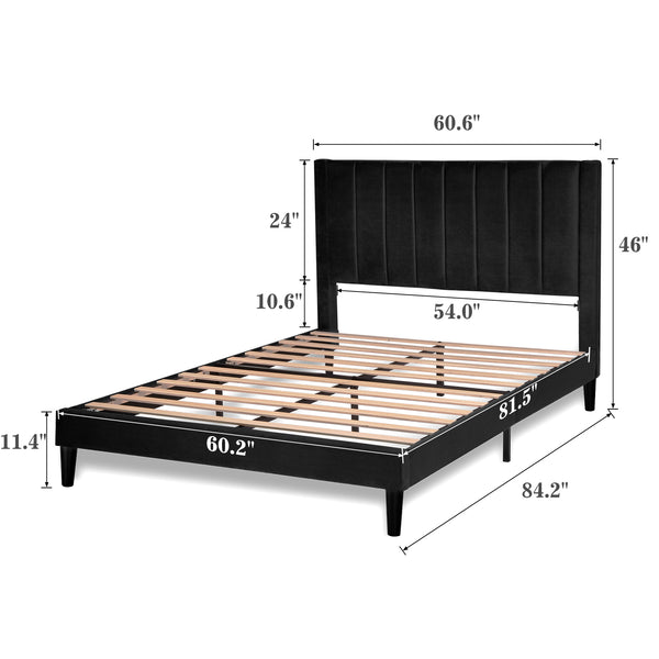 Velvet Bed Frame with Headboard, Strong Wood Slats Support