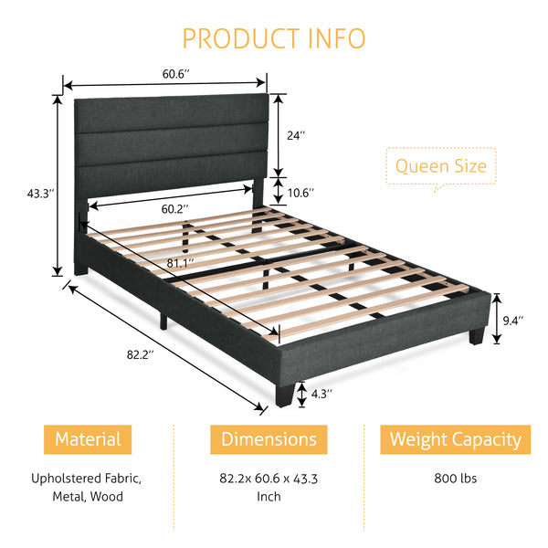 Upholstered Platform Bed Frame with Headboard and Wooden Slats