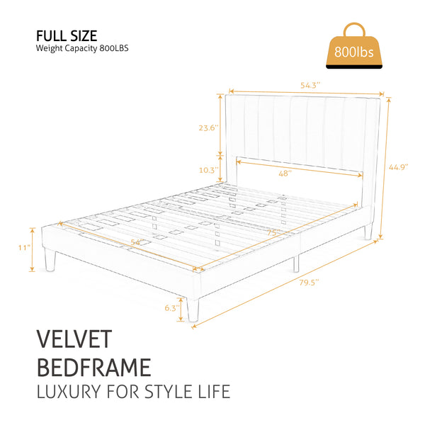 Velvet Bed Frame with Headboard, Strong Wood Slats Support