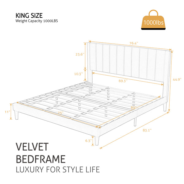 Velvet Bed Frame with Headboard, Strong Wood Slats Support